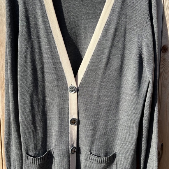 TORY BURCH merino wool boyfriend cardigan - grey (womens, medium) - Picture 1 of 5